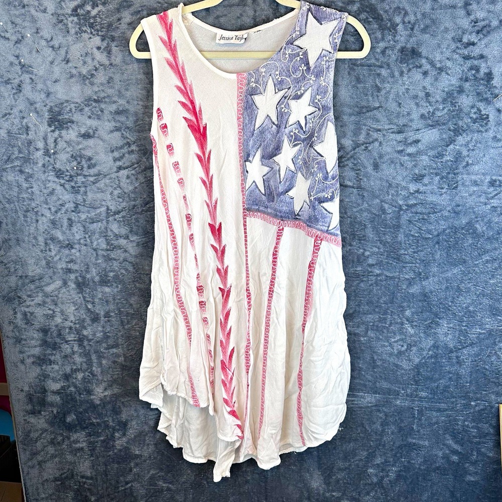 Jessica Taylor Patriotic Stars Shift Dress White Denim Cotton Knee Length S